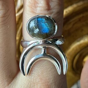 Natural Labradorite Sterling Silver Moon Motif Ring Size 8